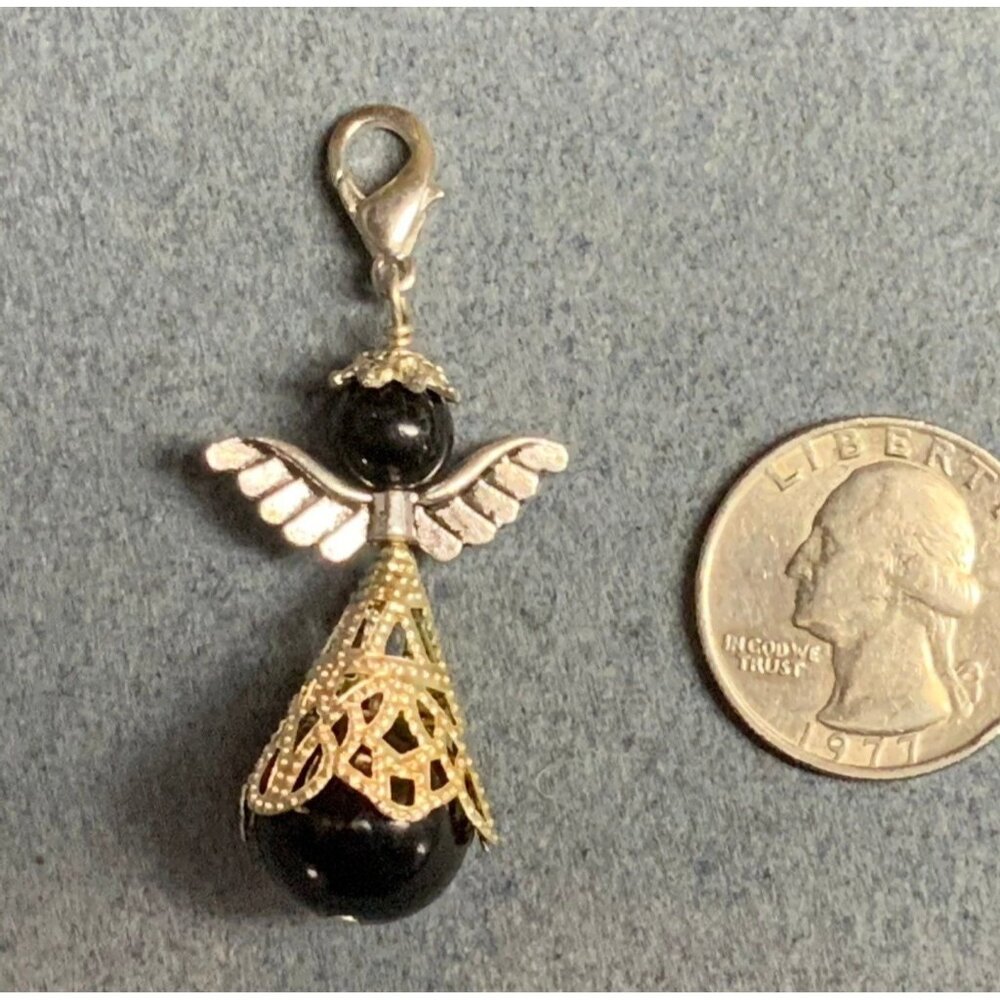 Beaded Angel Charm Pendant Silver Filagree Black Religious Catholic Christian